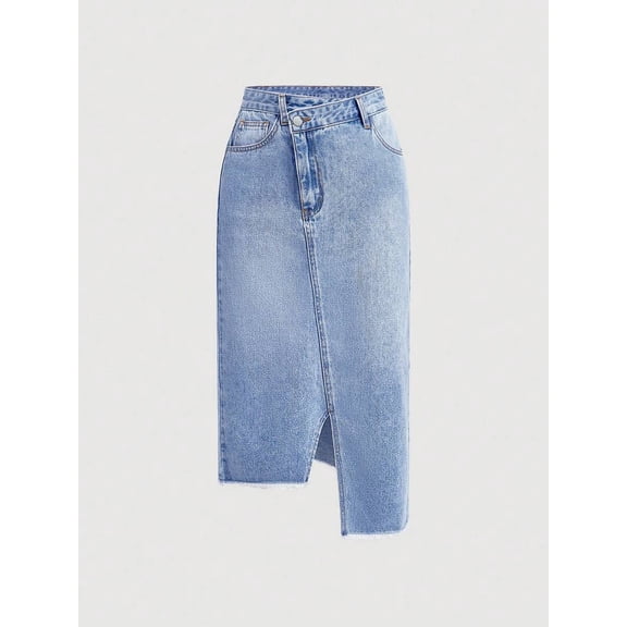 Womens Light Wash Denim Skirt With Front Slit And Asymmetrical Hem
