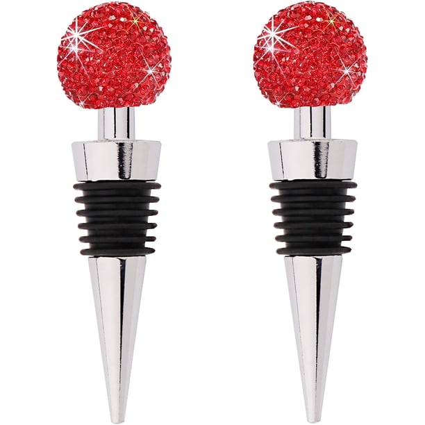 2 tapones de vino decorativos y brillantes, divertidos y bonitos tapones para botellas hechos de aleación de zinc, de silicona y cristal, accesorios para vino tinto, whisky, champán, vino