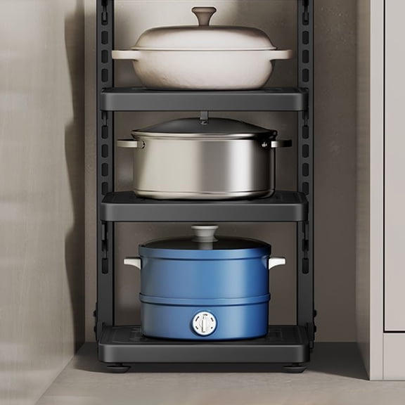 Btomtd Adjustable 3 Tier Carbon Steel Pot Rack, Space Saving Kitchen Organizer with Multiple Shelves, Under Sink Storage Shelving Unit 10"W x 9"D x 16"H, Black