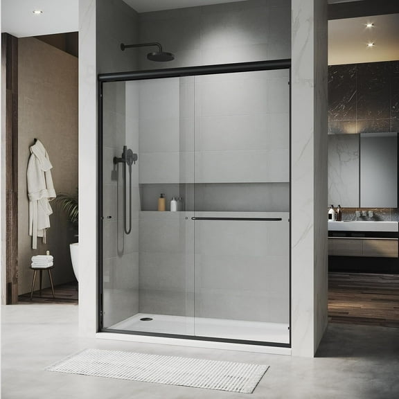 UKD07-Double Sliding Shower Door with Frame - 56"-60" W X 76" H Tempered Glass, Aluminum Frame, Bypassing Design, Easy Installation, Through-Glass Towel Bar & Knobs