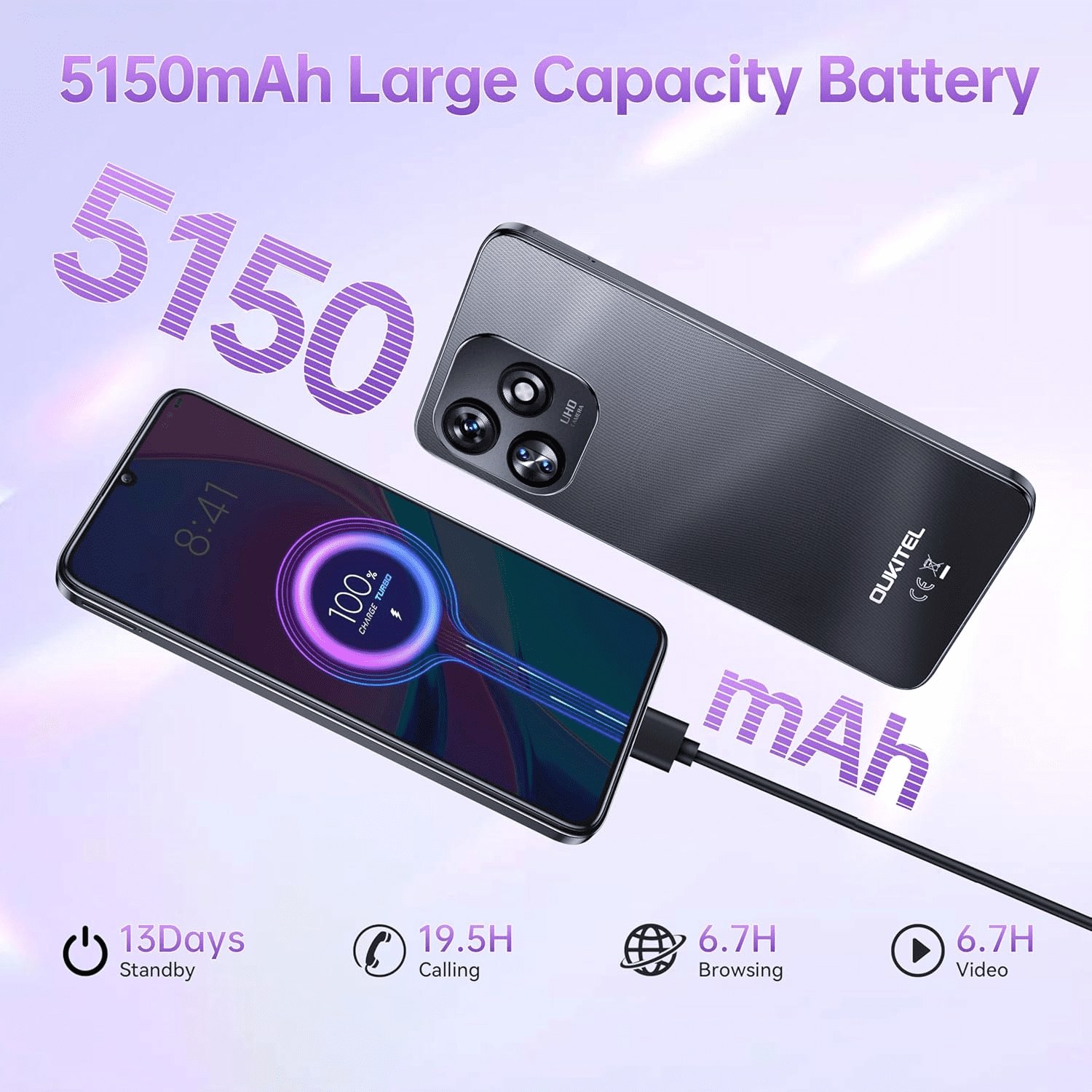 OUKITEL C51 Unlocked Cell Phone - 16GB+128GB/SD 1TB Android 14 Phones, 6.8" HD+ Screen, 5150mAh Battery Mobile Phones, 13MP+5MP Camera, Three Slots, Face ID/Fingerprint, GPS, OTG, T-Mobile