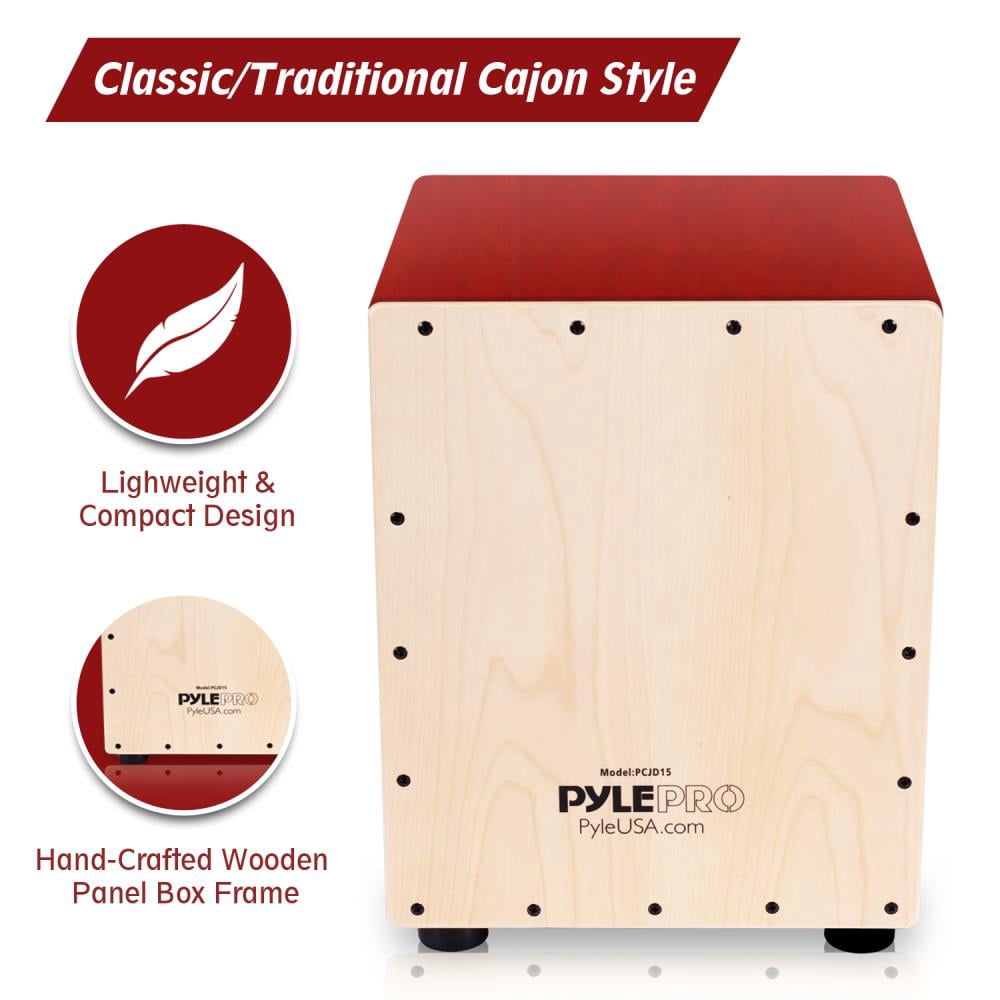 Pyle Wooden Stringed Acoustic Jam Cajon Drum Percussion Box Hand Instrument, Red