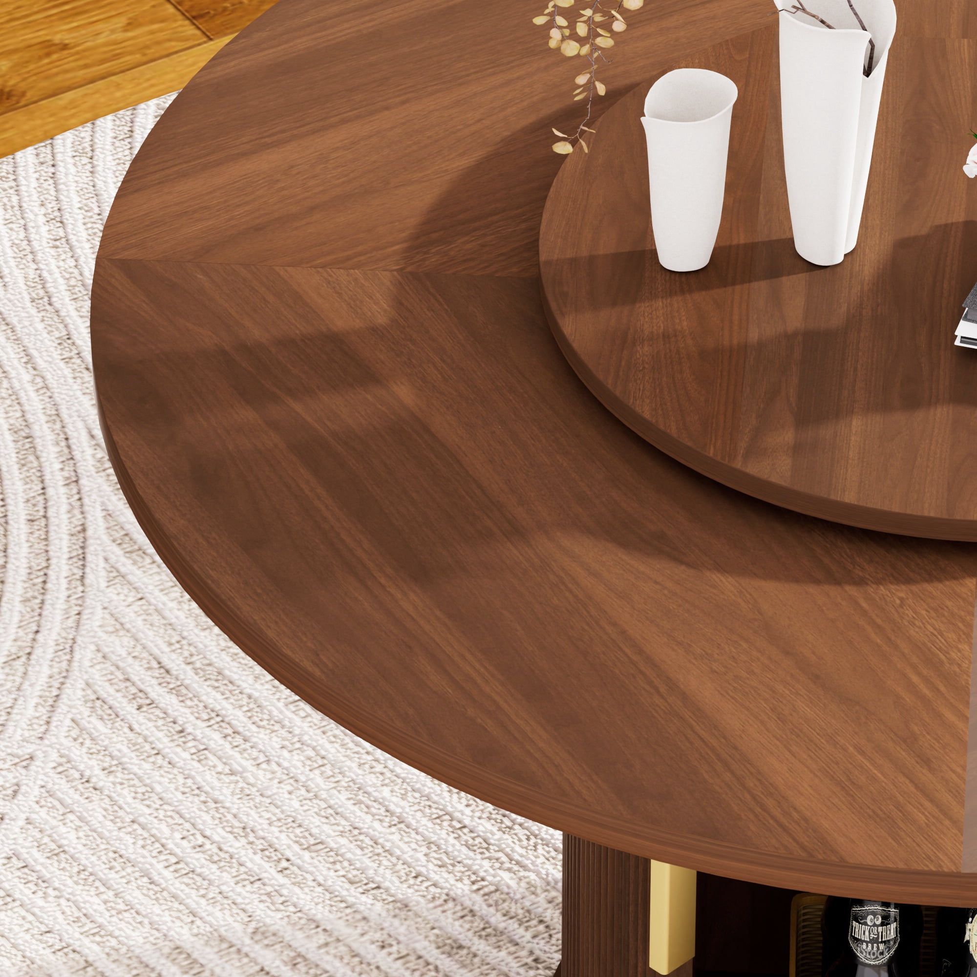 PORKISS Modern Round Dining Table, 55 Inch Circle Kitchen Tables for 6 with Double-tiered Storage Rack and Rotating Tabletop Tray, Wood Strip Base, Farmhouse Table for Kitchen, Dining Room, Walnut