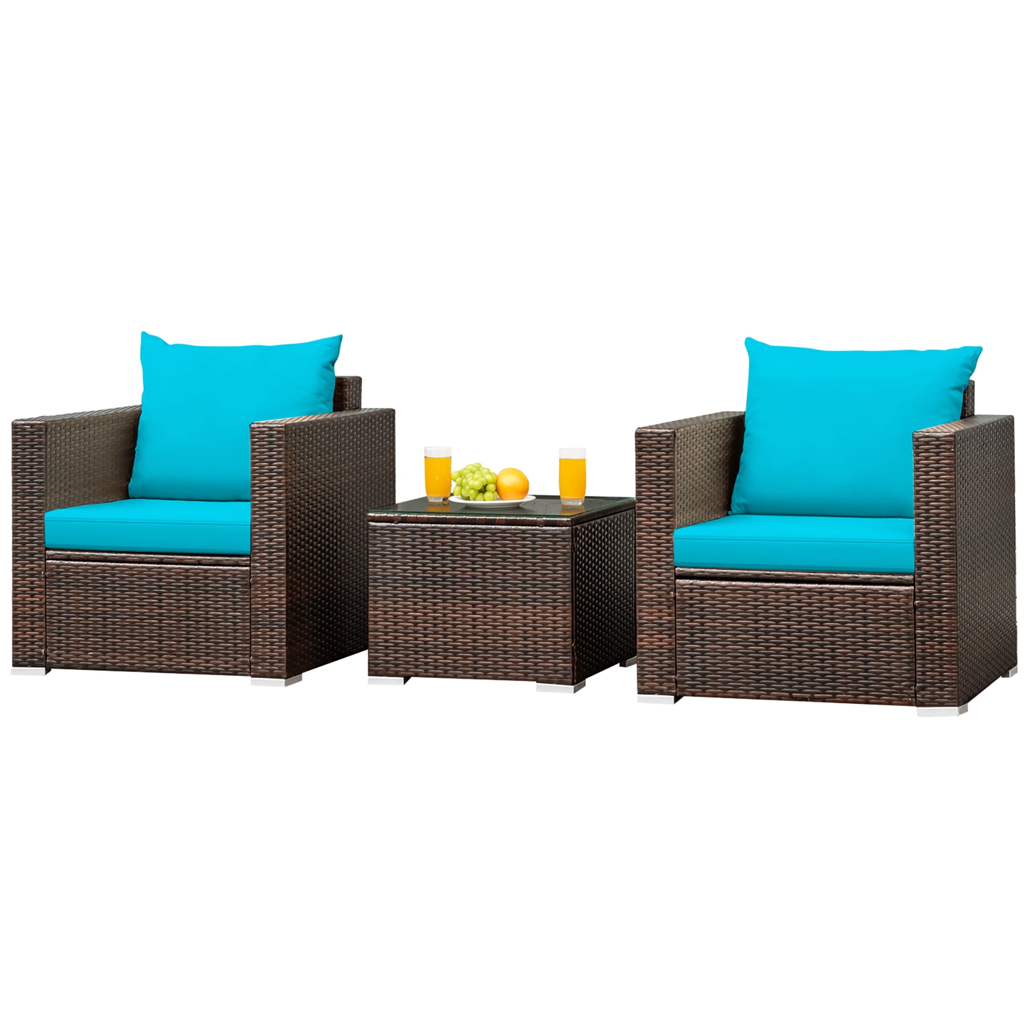 Costway 3PCS Patio Rattan Furniture Set Conversation Sofa Cushioned Turquoise