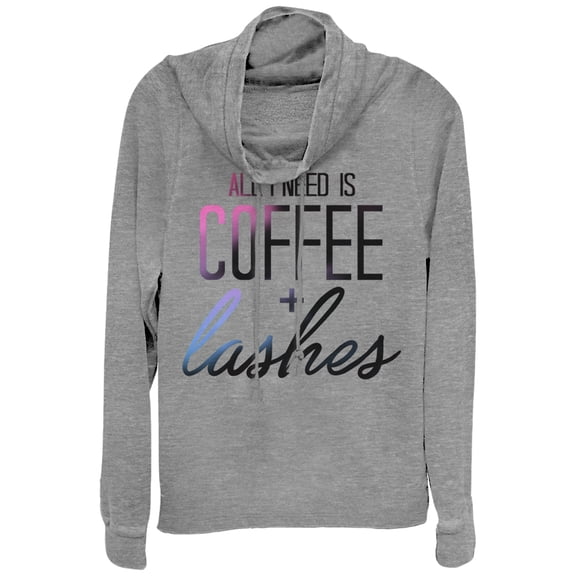 Junior's CHIN UP Coffee and Lashes  Cowl Neck Sweatshirt Gray Heather 2X Large