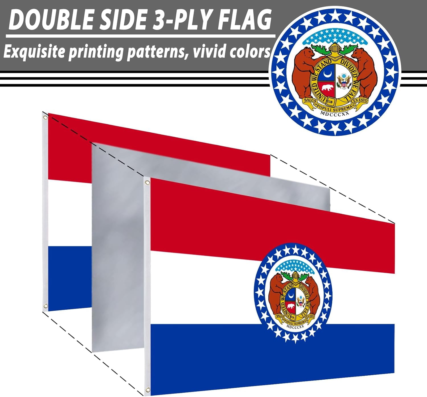FLAGWIN Missouri Flag 3x5 FT - 3 Ply Double Sided Polyester Missouri State Flag with Brass Grommets - Vivid Color and Fade Proof State of Missouri Flag 3x5 Outdoor
