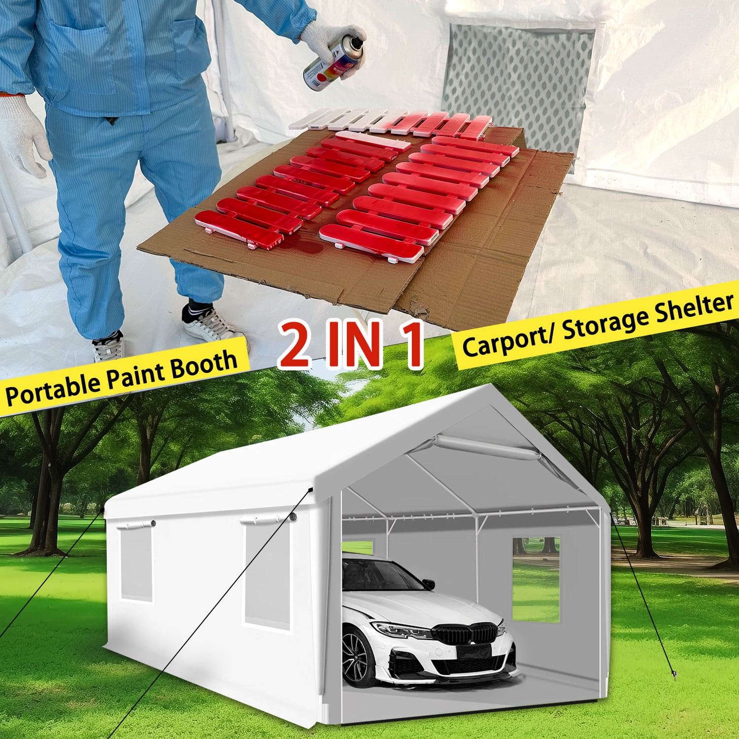 Rainproof Portable Paint Booth 20X12X10FT Spray Booth with 6pcs Mesh Windows & Floor for Painting Cars, Auto Parts, Big Furnitures and Other Items (White)
