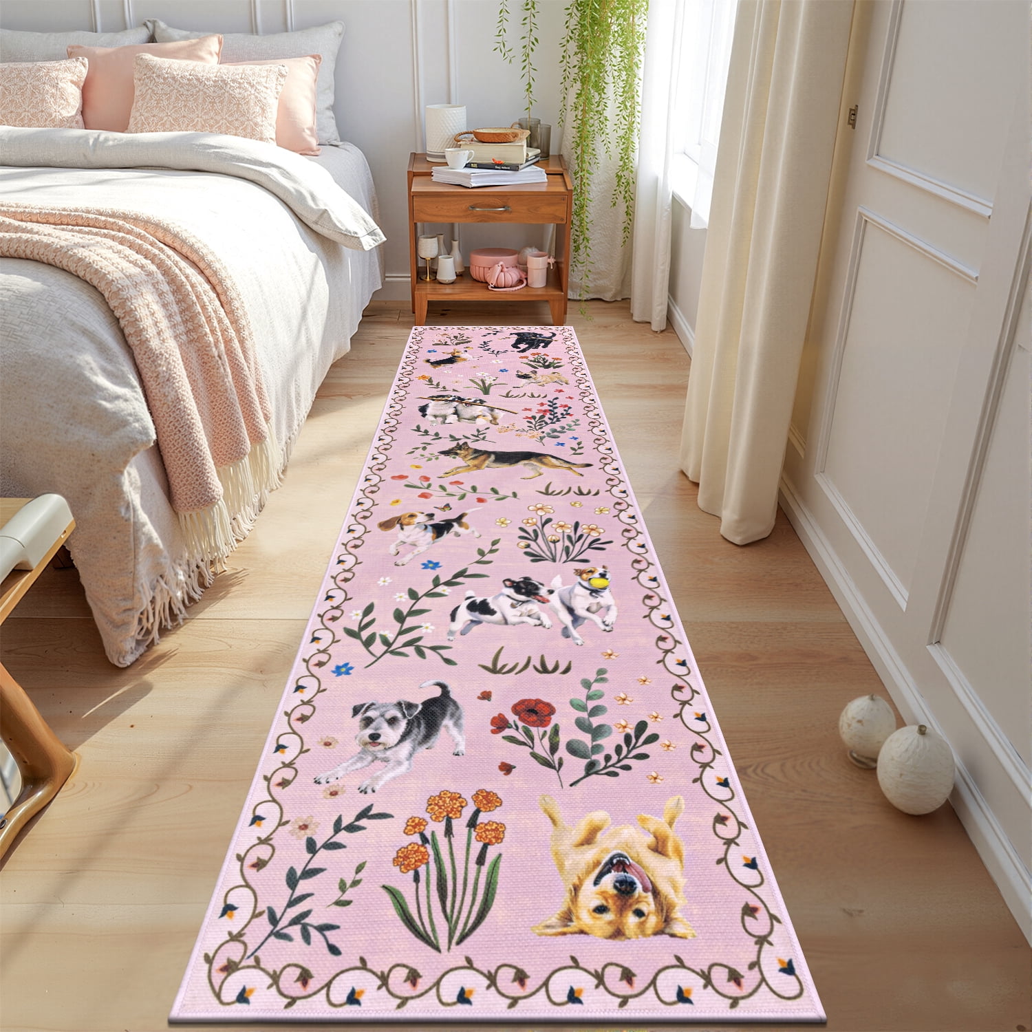 MJIAexp 2'x8' Jute Animal Dog Floral Kitchen Runner Rug,Woven Texture Machine Washable Runner Rug Non-Slip Rubberback Hallway Runner Laundry Rug Throw Carpet for Living Room Bedroom Dining Room Entry