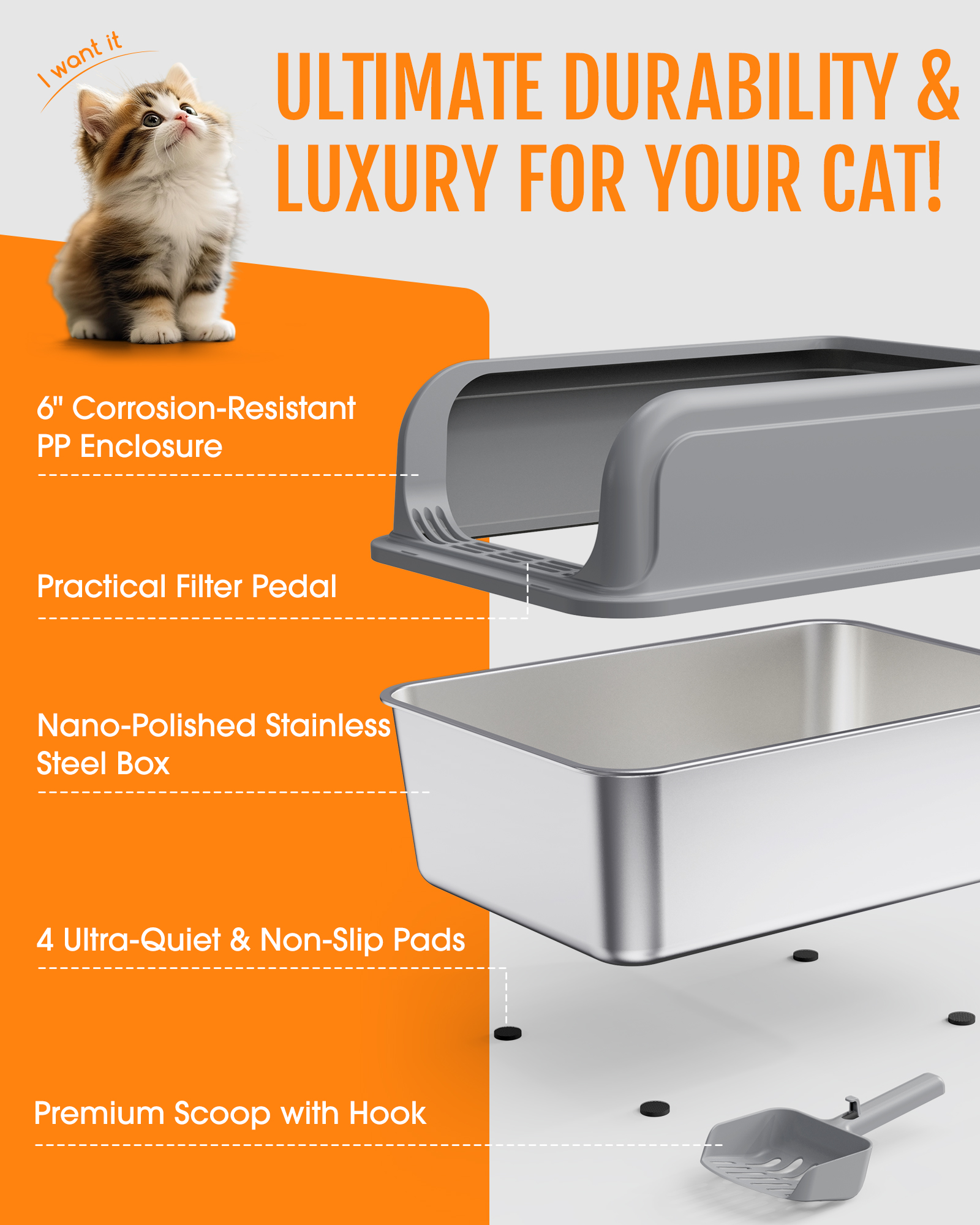 Powools Stainless Steel High-Sided Cat Litter Box with Scoop photo 8