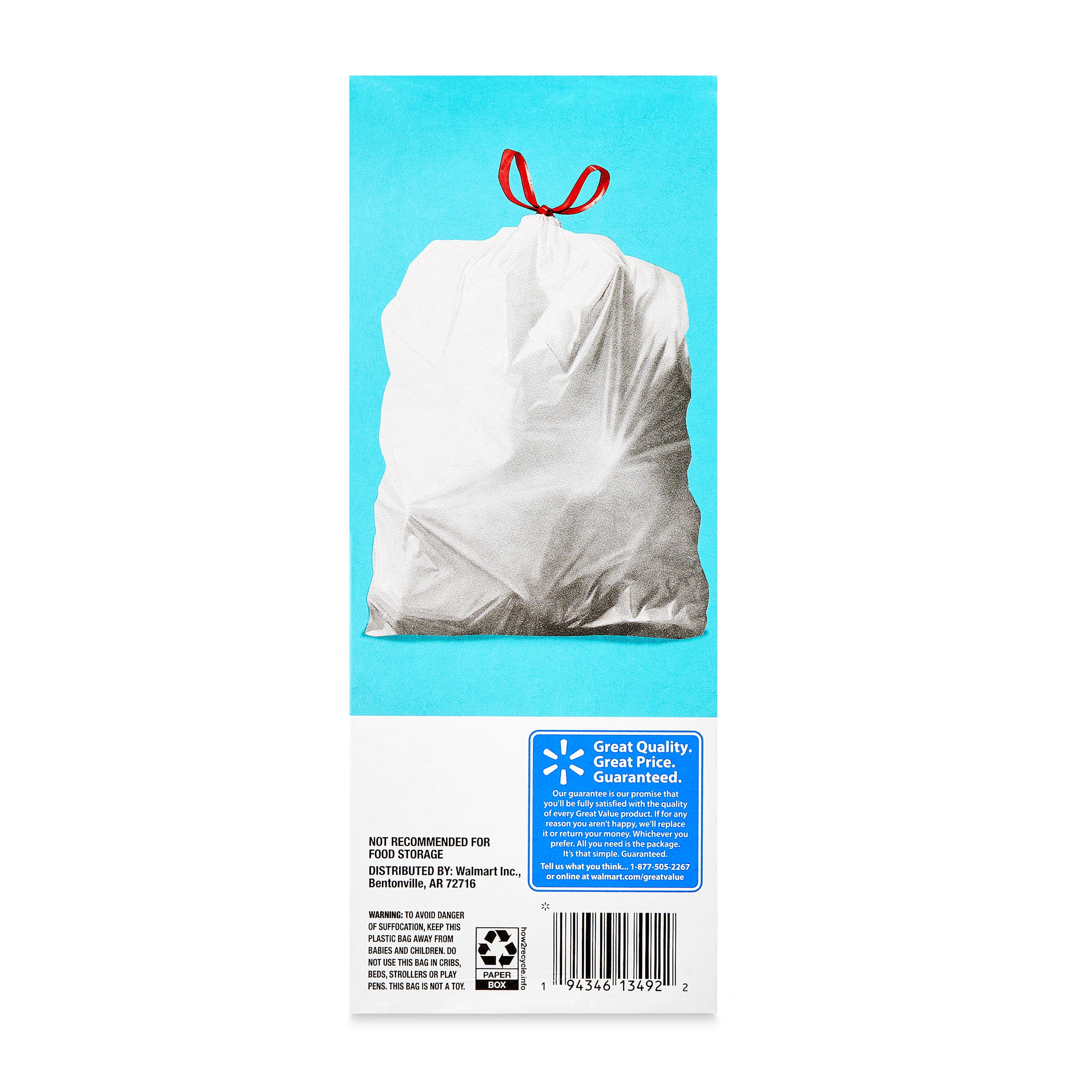 Great Value 13-Gallon Drawstring Tall Kitchen Trash Bags, Unscented, 40 Count