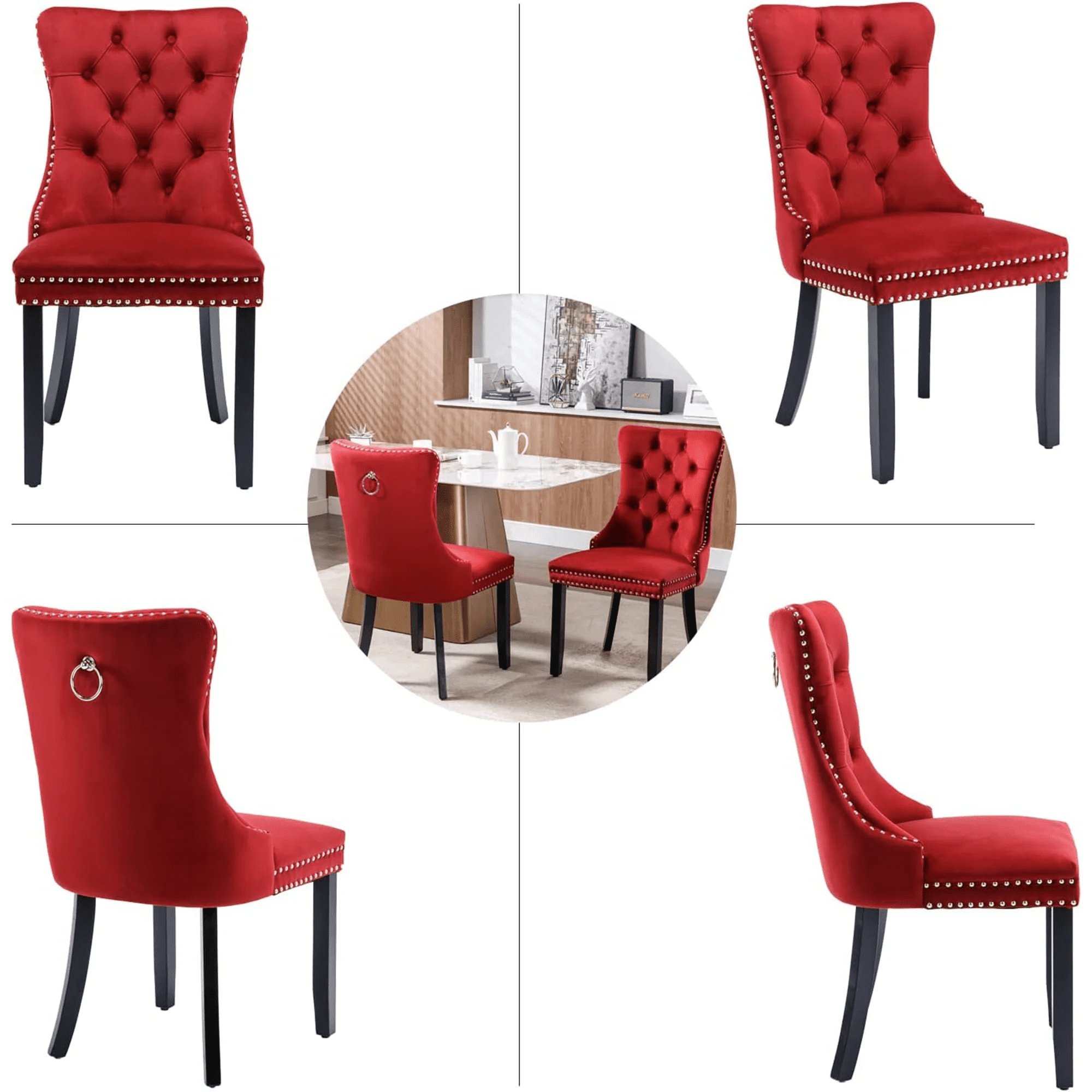 Dining Chairs Set of 2, Upholstered High-End Tufted Dining Room Chair with Back Ring and Nailhead Trim, Modern Velvet Kitchen Chairs with Solid Wood Legs for Kitchen, Home,Wine