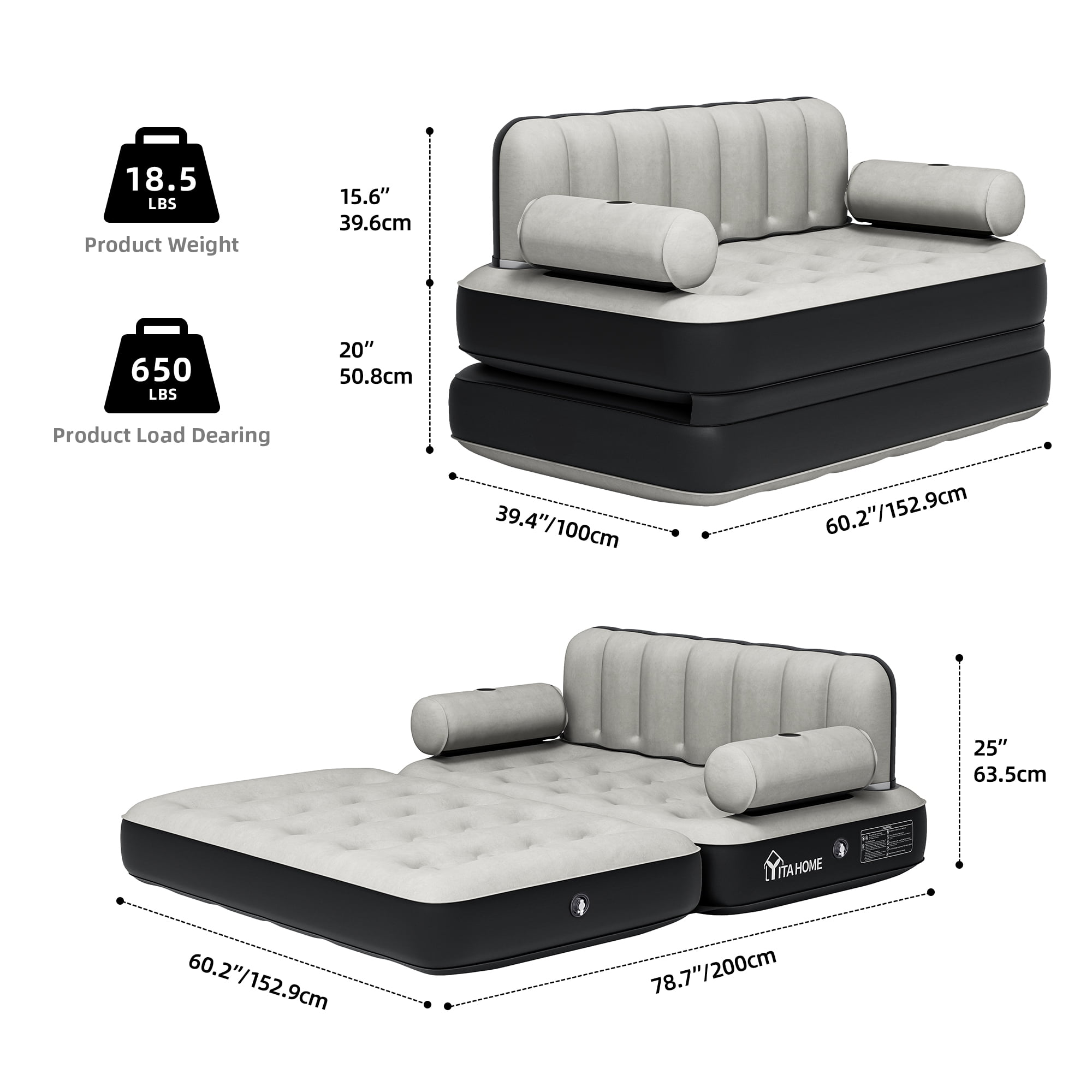 Uforic Queen Size Air Mattress with Built-in Air Pump, Black Bed Skirt and Gray Top Including Repair Kit and Storage Bag, Supports Inflation/Deflation