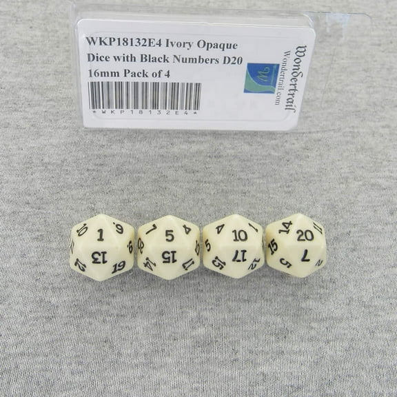 Ivory Opaque Dice with Black Numbers D20 16mm (5/8in) Pack of 4 Wondertrail