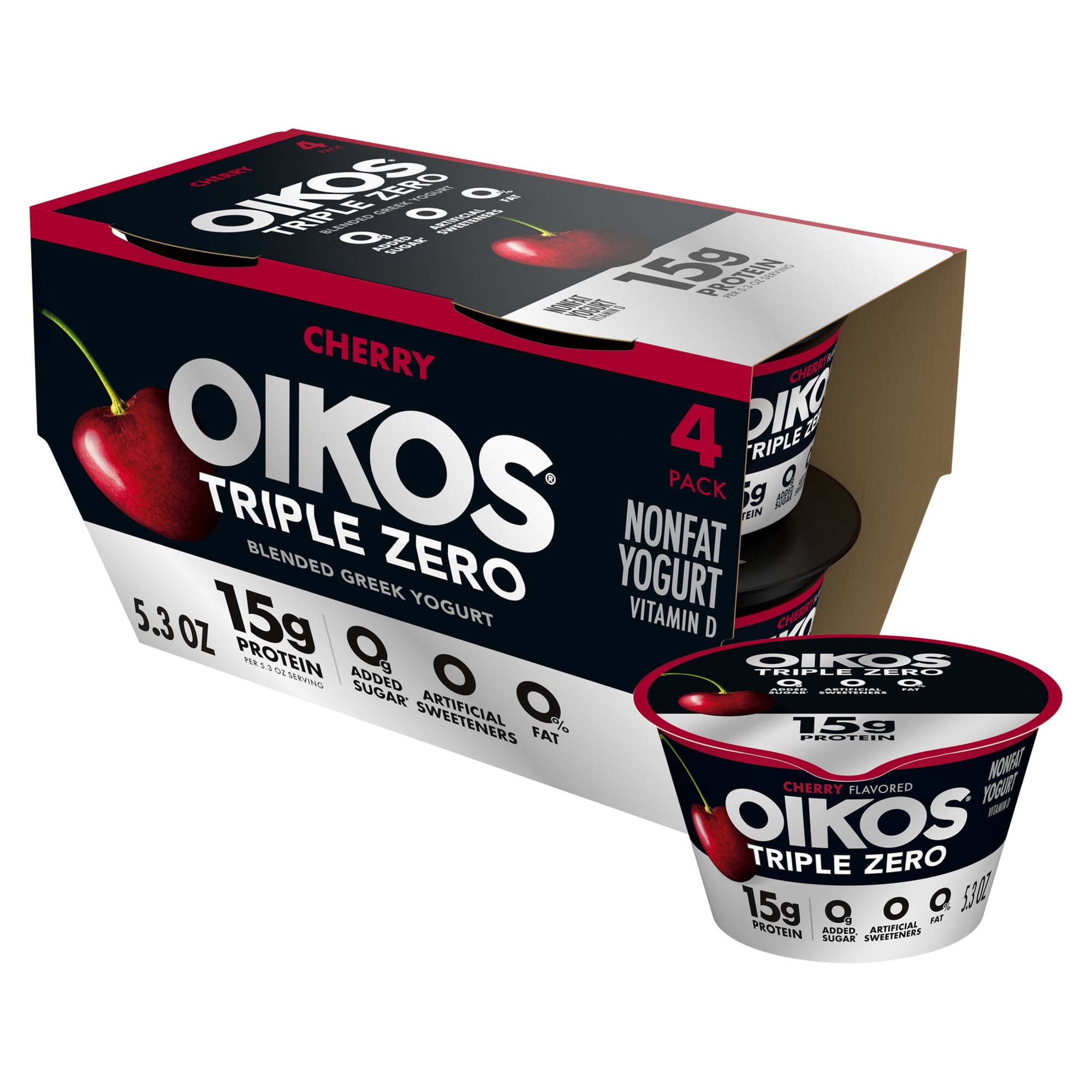 Oikos Triple Zero 15g Protein Cherry Greek Yogurt, 90 Calories, 0g Added Sugar and 0 Artificial Sweeteners, Nonfat Yogurt Pack, Great for Office Snacks, 5.3 oz Cups, 4 Count