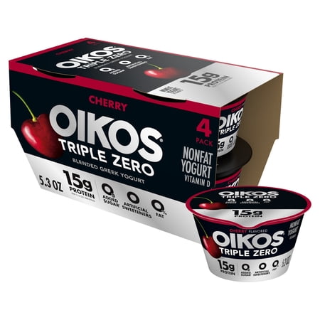Oikos Triple Zero 15g Protein Cherry Greek Yogurt, 90 Calories, 0g Added Sugar and 0 Artificial Sweeteners, Nonfat Yogurt Pack, Great for Office Snacks, 5.3 oz Cups, 4 Count