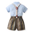 thumbnail image 4 of Wassery Toddler Boys Gentleman Suit Kid Boys Bow Tie Short Sleeve Shirt with Striped Overall Shorts 4T 5T 6T 7T Little Boys Summer Clothes Set, 4 of 9