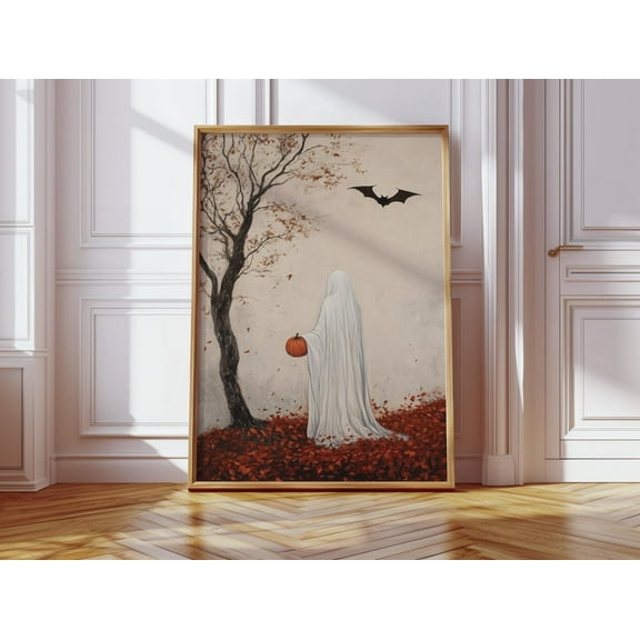 Ghost Holding Pumpkin Fall Wall Art – Autumn Print With Bat And Leaves – Spooky Cozy Decor For Seasonal Or Gothic Homes Wall Art, Modern Wall Decor, 8x12 UNFRAMED