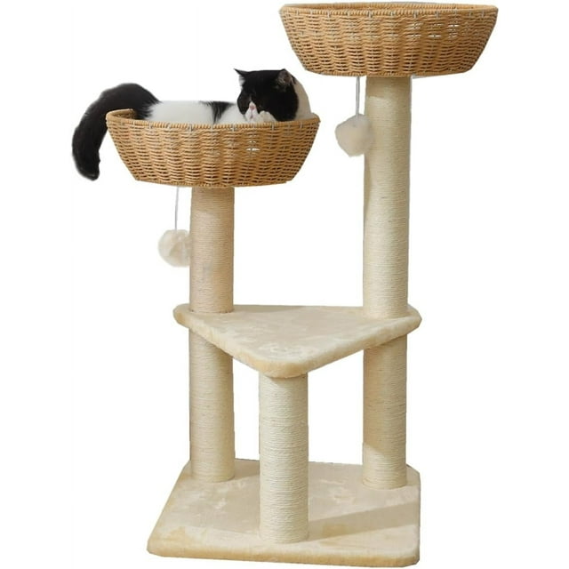 Modern Cute Cat Tree Tower for Large Cat with Handwoven Paper Rope Basket Beds Cat Window Perch Rattan Wicker Cat Tree ( Basket)