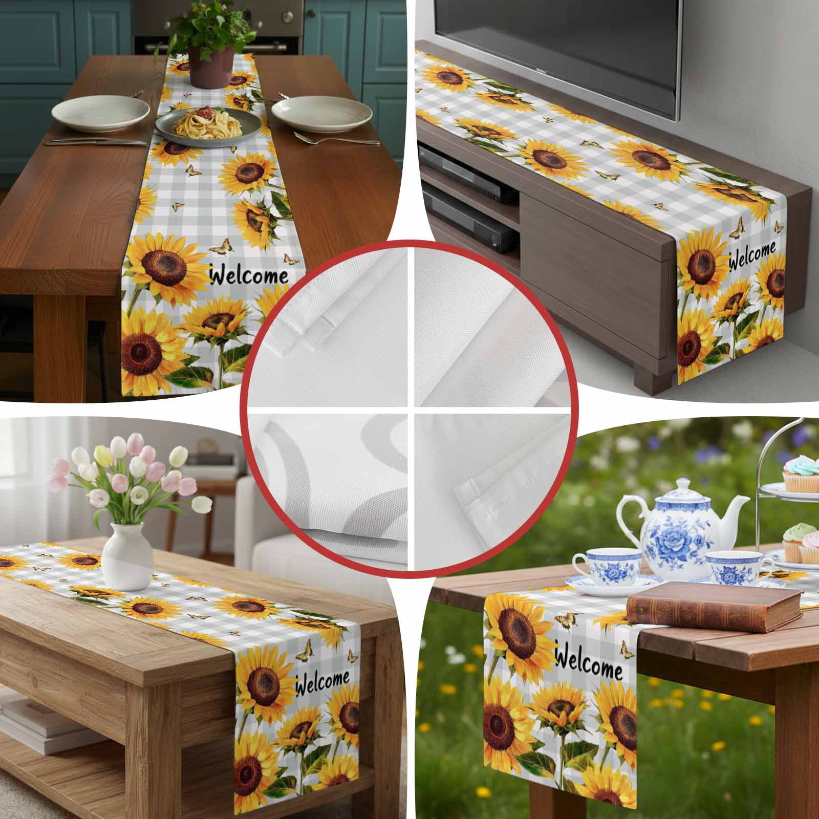 Spring Gradient Yellow Sunflower Table Runner 90 Inches Long, Farm Butterfly on Grey Plaid Table Runners Tabletop Scarf Kitchen Dining Tables Decoration for Home Party Indoor Outdoor