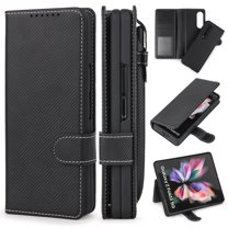 Dteck Case for Samsung Galaxy Z Fold 3 5G (2021),Luxury Business Leather Magnetic Card Holder Wallet Case with S-Pen Holder Pocket Hybrid PC Protective Kickstand Cover,Black#03