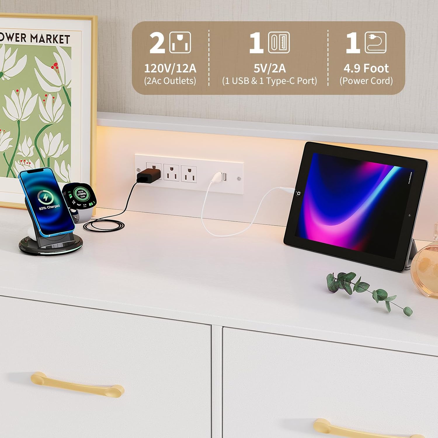 White Dresser for Bedroom, 47" Wide Chest of Drawers with LED Lights, Charging Station & 5 Smooth-Sliding Drawers, Modern Wood Storage Cabinet for Entryway, Hallway, Living Room