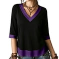 thumbnail image 2 of Warop Women's Summer Color Block V Neck 3/4 Sleeve Top Contrast Cuff Hem Casual Loose Tee Blouse for Daily Outing, 2 of 9