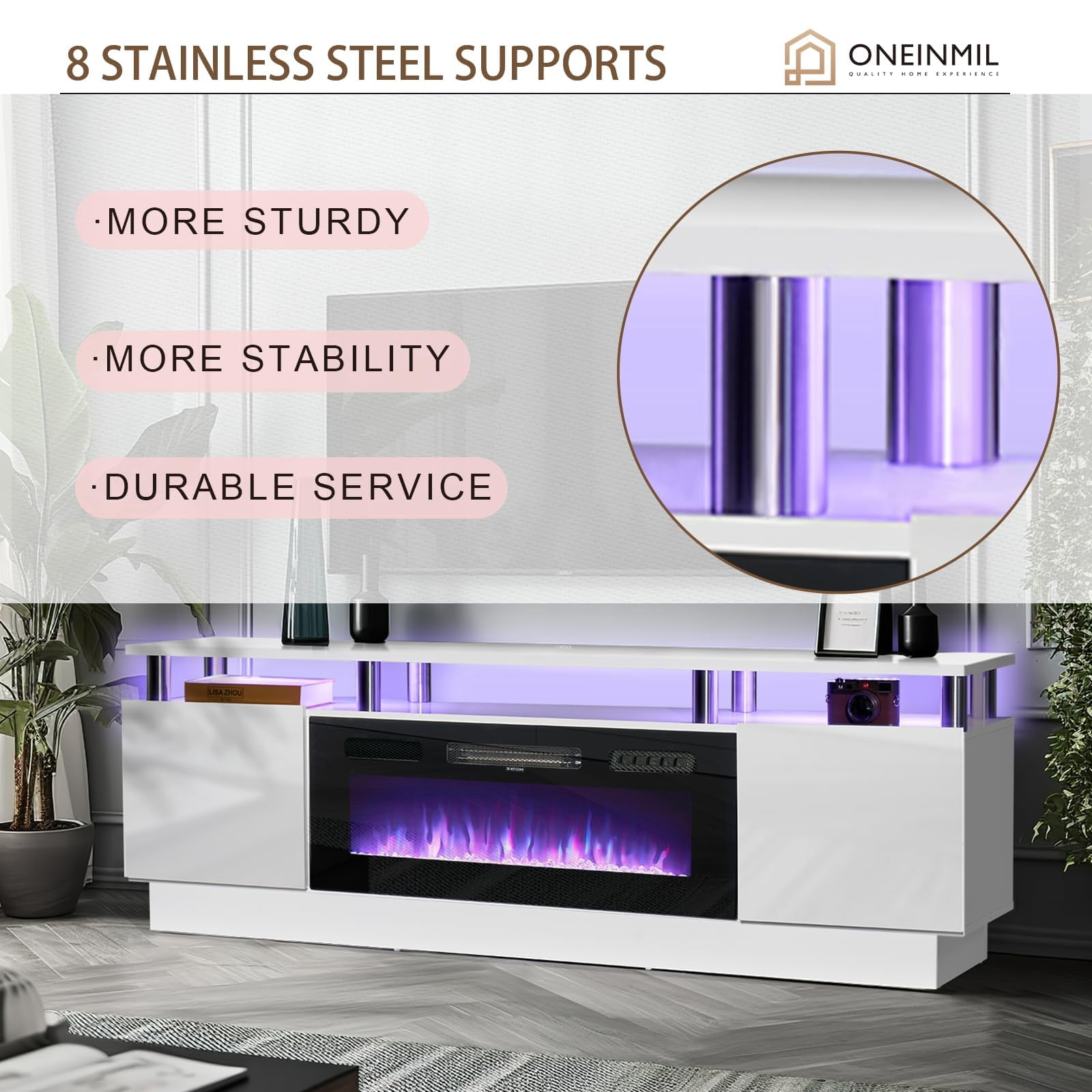 Easoger Fireplace TV Stand, Entertainment Center for TVs up to 80", 70” TV Stand with 36'' Electric Fireplace, LED Lights Entertainment Center, TV Console, White