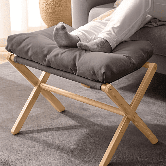 GIRACOA Folding Wooden Footrest Stool – Padded Collapsible Small Ottoman, Portable Foot Rest for Couch & Sofa, Grey, Ideal for Living Room & Bedroom