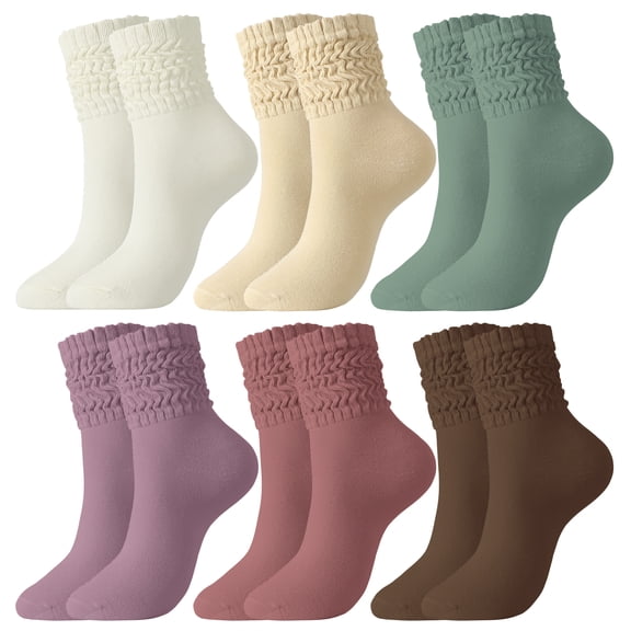 Bocaoying 6 Pcs Women's Slouch Socks, Cotton Scrunch Boot Socks for Women, Ultra Soft and Breathable Crew Socks, Size 5-10, White/Burgundy/Brown/Tan/Teal/Purple