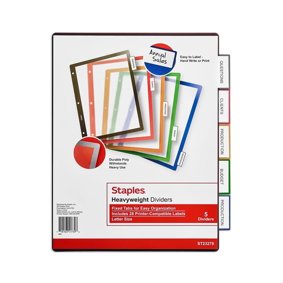 Staples Better Print & Apply Label Plastic Dividers 5-Tab Assorted Colors 3/Carton ST23279-CCVS