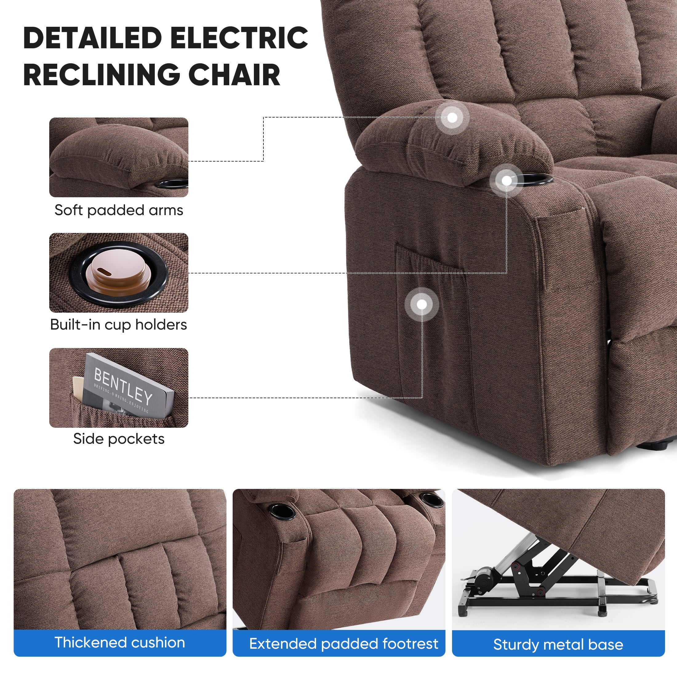 CONCETTA Power Lift Chair, Adult Recliner with Massage and Heating, Brown