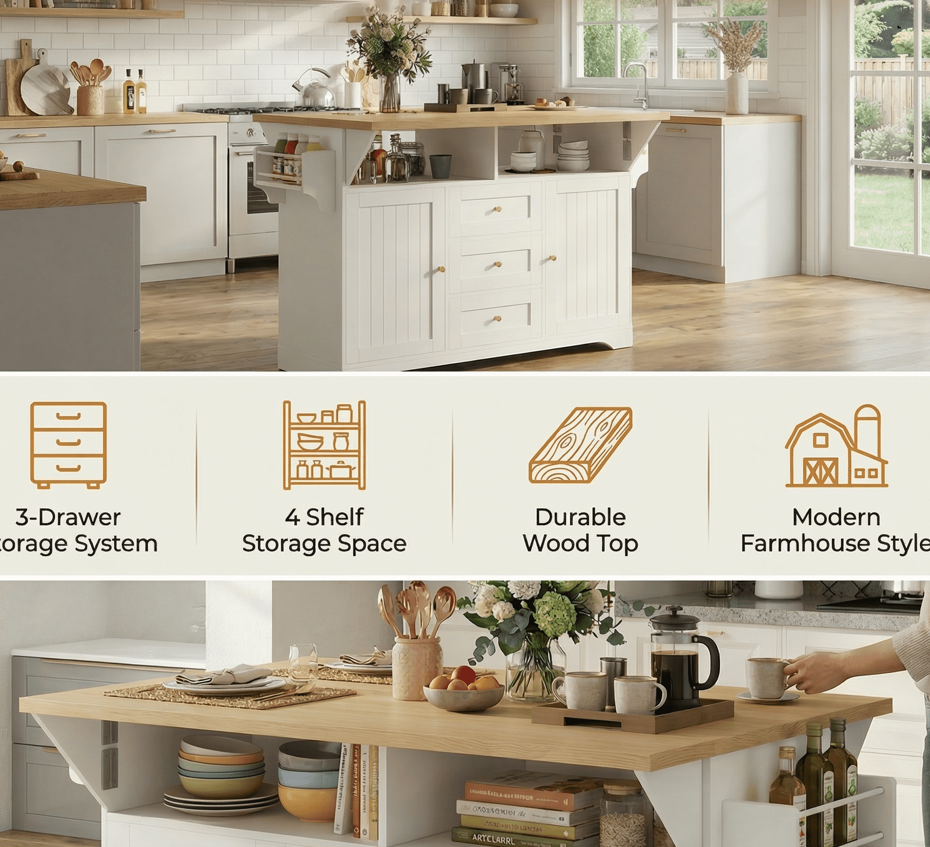 RIGO 47 Inch Rolling Kitchen Island with Drop Leaf Extendable Top, Built-in US Power Ports, Storage Drawers Cabinets, Side Spice Towel Rack, Mobile Prep Island for Kitchen Dining