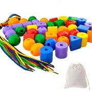 TONKBEEY Preschool Large Lacing Beads for Kids - 50 Stringing Beads with 4 Strings Toddler Montessori Toys for Toddlers Occupatio