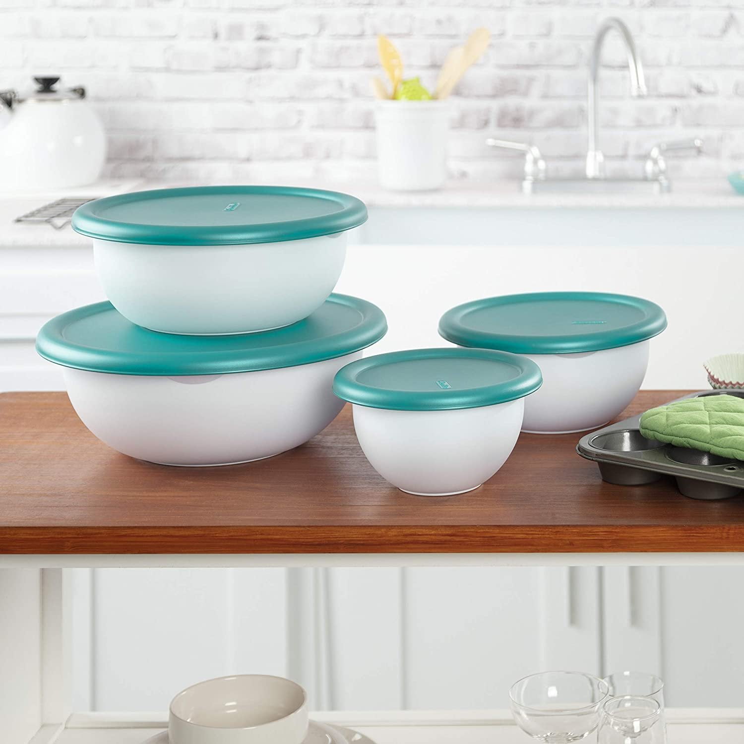Sterilite 8-Piece Covered Bowl Set, Blue Sky Lids with White Bowls, 6-Pack