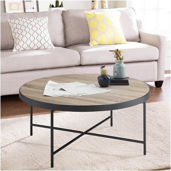 Weathered Grey Oak Round Coffee Table with Black Metal Base, Industrial Style Center Table for Living Room