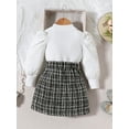 thumbnail image 3 of Toddler Girls Fall Outfits Heart Cutout Crew Neck Long Sleeve Tops and Pearl Button Plaid Skirts Set, 3 of 8