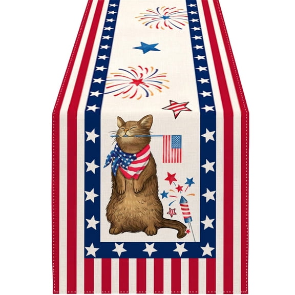 Patriotic Cat Table Runner with American Flag Design Perfect for 4th of July, Memorial Day, and Independence Day Decor