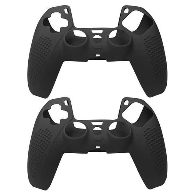2x para ps5 la cubierta protectora de silicona del controlador de juegos para ps5 la cubierta del manejar antideslizante (negro) dos fundas negras de silicona para mando PS5, vista frontal centrada con recortes para botones y palancas, textura de puntos antideslizante en empuñaduras, superficie suave, material flexible que amortigua caídas y resiste abrasión y suciedad, diseño ligero y ajuste envolvente; adecuada para sesiones largas por mejor agarre.