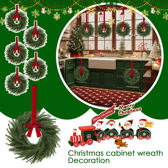 6PCS Christmas Kitchen Cabinet Wreaths with Plaid Bow Ribbon Hanging Cabinet Doors Wreaths Decorative for Kitchen Window Outdoor Indoor Holiday Decor