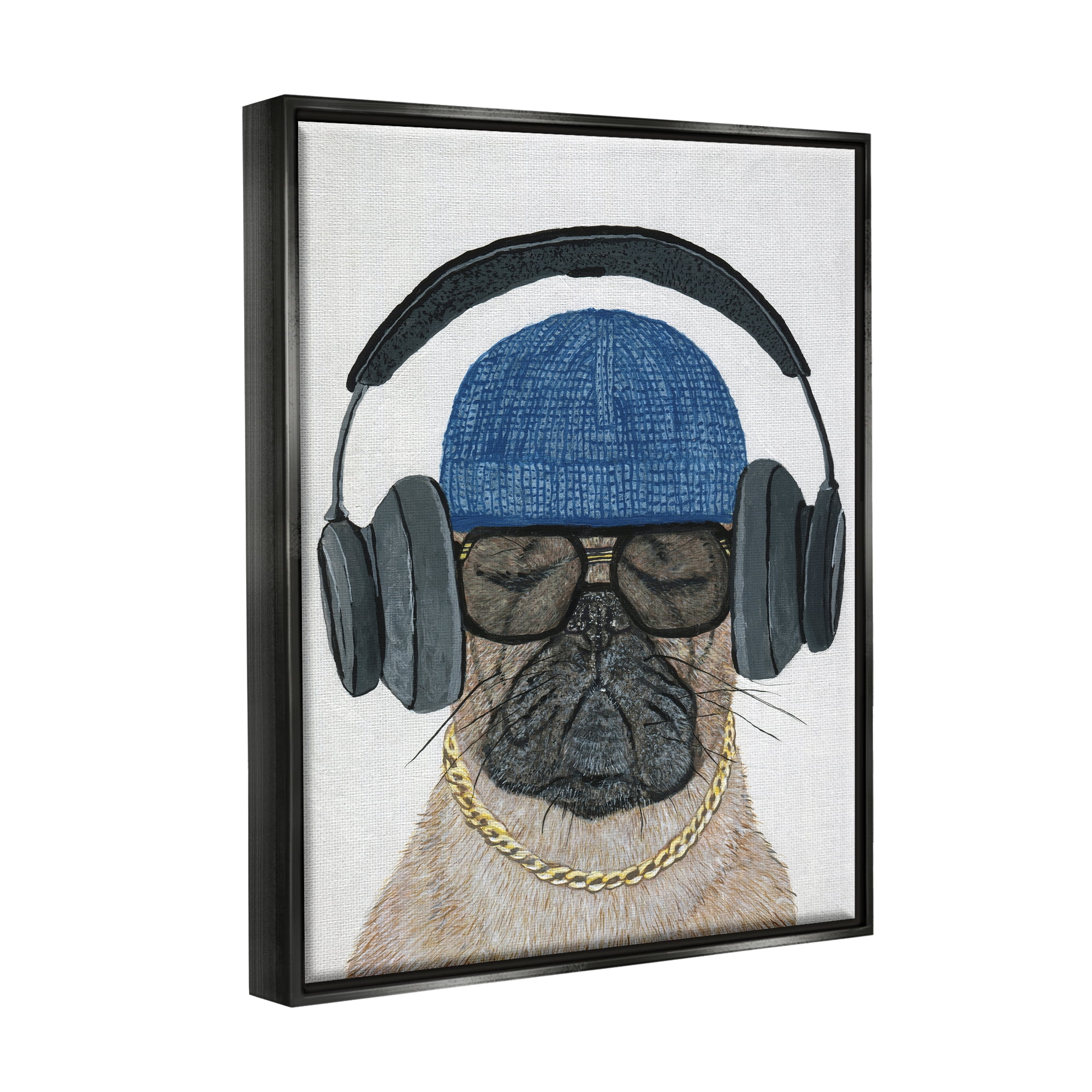 Stupell Industries Pug in Headphones Animals & Insects Painting Black Floater Framed Canvas Art Print Wall Art, 25 x 31