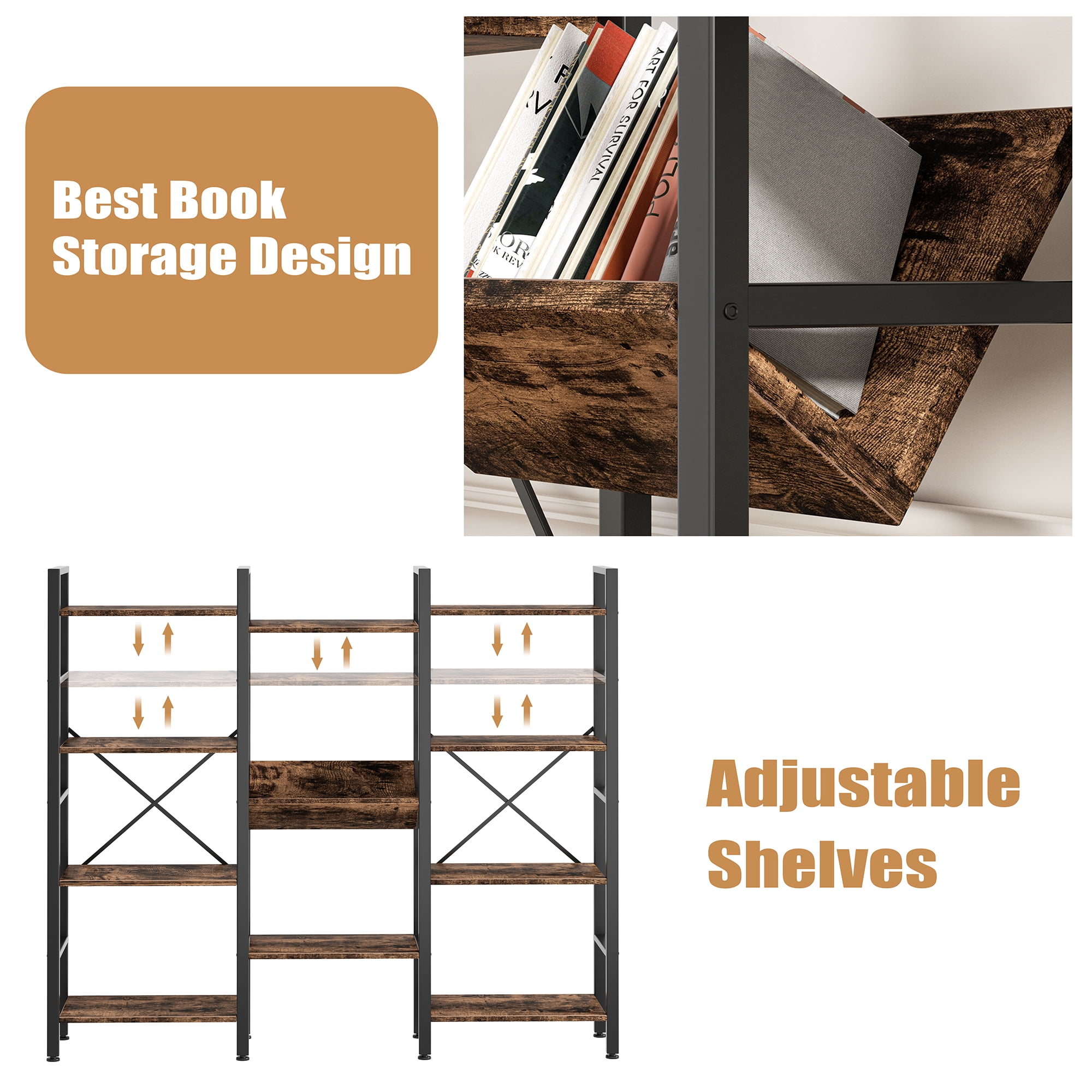 Walsunny Triple Wide 4 Tier Bookshelf Bookcase Wooden Bookshelves with 11 Open Display Shelves for Bedroom Living Room Home Office,Rustic Brown