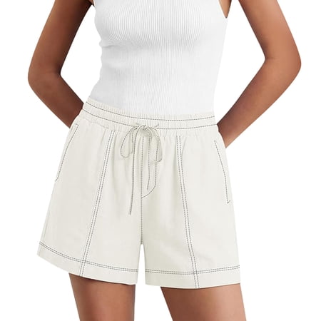 Lumtrix Cotton Linen Shorts For Women 2026 Summer Casual Wide Leg Shorts High Elastic Waisted Drawstring Pants Beach Outfits White S