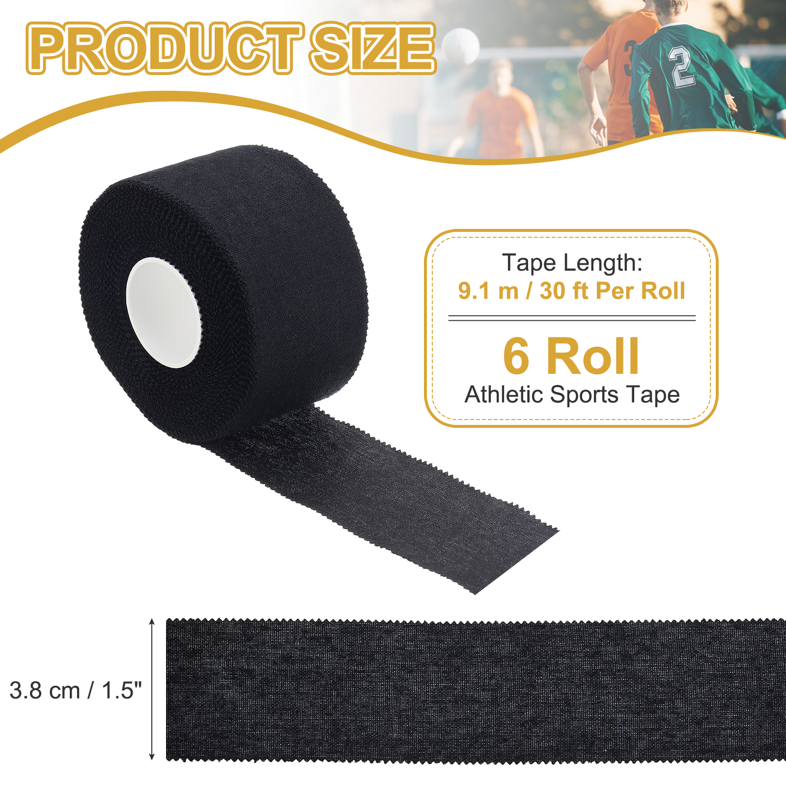 Uxcell Athletic Sports Tape Strong Adhesive Easy Tear with Serrated Edges - 1.5 in x 30 Ft, 6 Rolls, Black