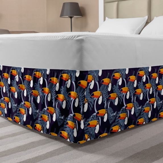 Tropical Bed Skirt, Toucan Birds and Monstera Leaves Circles Rhythmic Motifs Print, Elastic Bedskirt Dust Ruffle Wrap Around for Bedding Decor, 4 Sizes, Dark Purple Orange, by Ambesonne