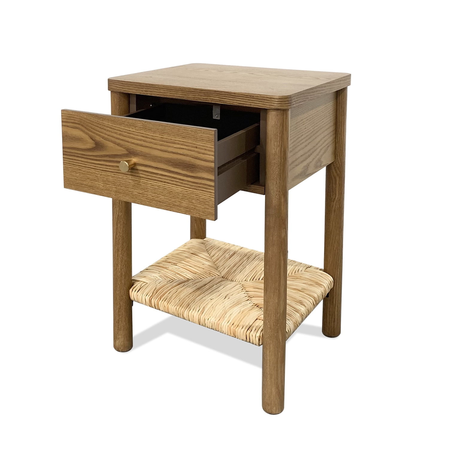 AISWORD End Table with Drawer & Hand-woven Jute Shelf,Small Wood Side Table with Rounded Edges for Bedroom & Living Room,Walnut Brown