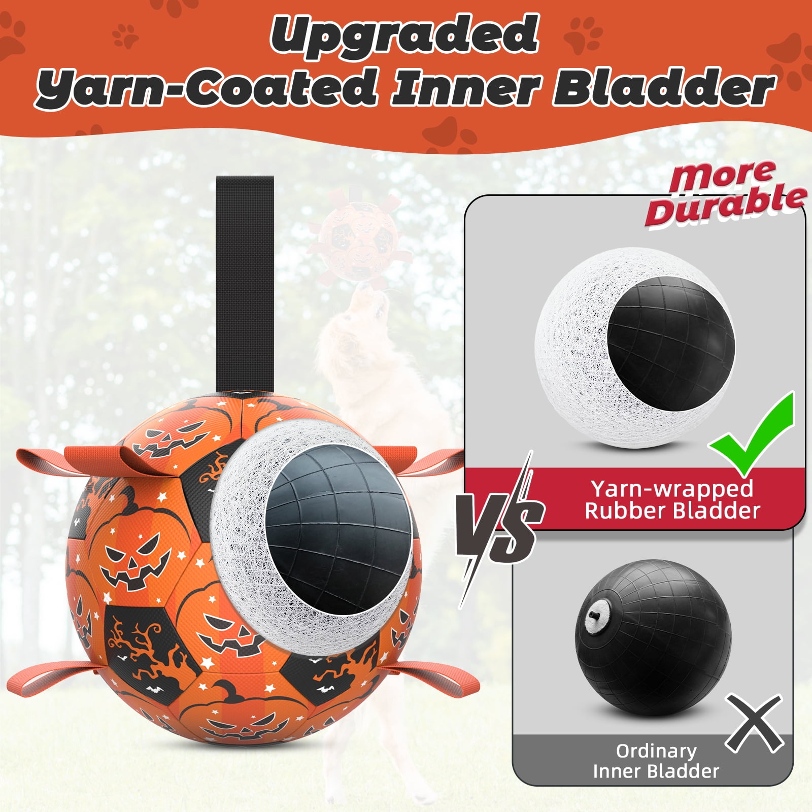 QDAN Halloween Dog Toys Soccer Ball with Straps, Interactive Dog Toys for Small Medium Large Dogs, Orange & Black, 7inch