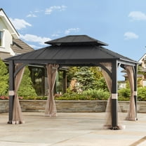 Sunjoy 10 x 12 ft. Outdoor Steel Frame Hardtop Gazebo, 2 Roof Metal  Gazebo with Ceiling Hook ,Black
