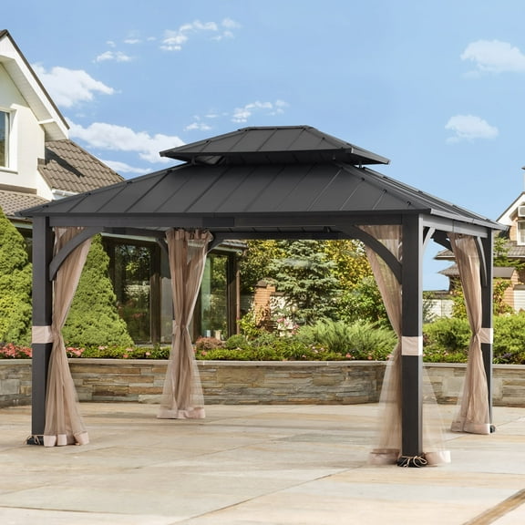 Sunjoy 10 x 12 ft. Outdoor Steel Frame Hardtop Gazebo, 2 Roof Metal  Gazebo with Ceiling Hook ,Black
