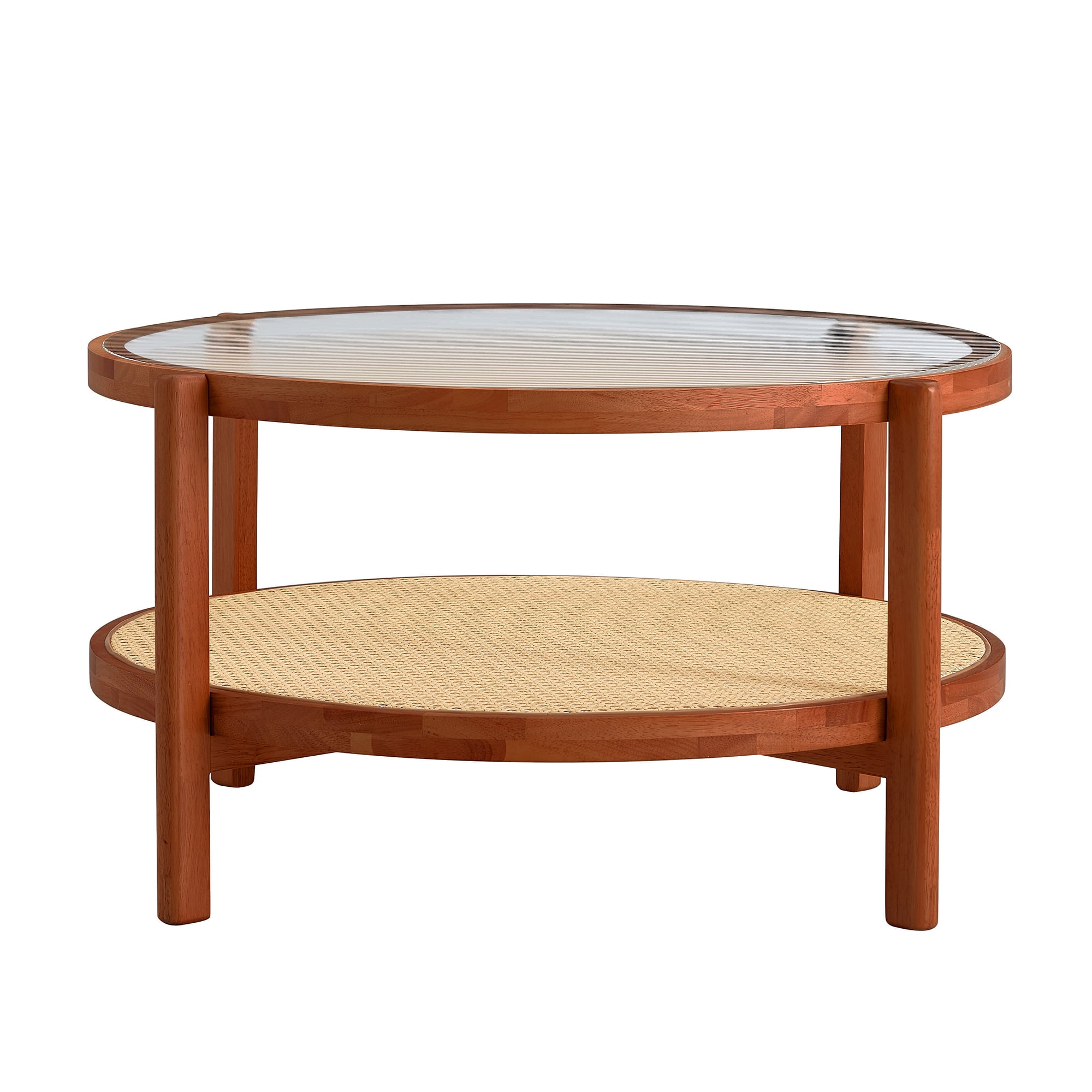 Kepooman 2-Tier Coffee Table, Round Tea Table with Solid Wood Frame and Pe Rattan, Modern Glass Sofa Center Table for Living Room, Walnut