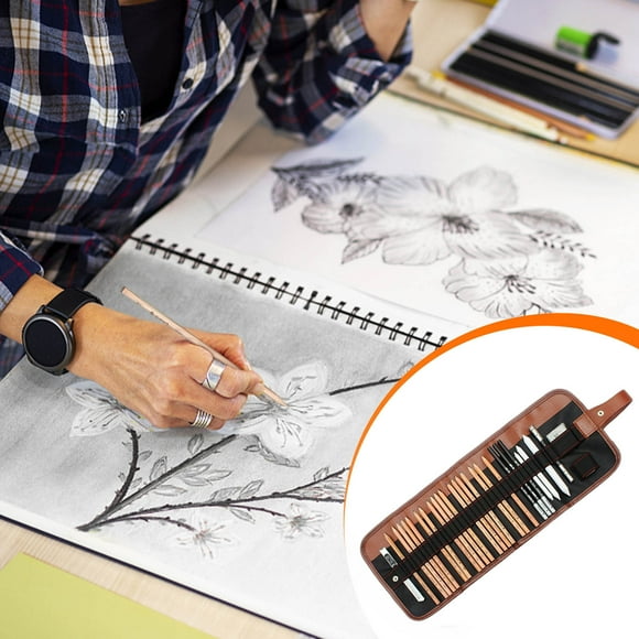 Sketching Pencil Set, Drawing Art Tool Kit With Pencils, Charcoal Pencils, Paper Erasable Pen, Roll Up Canvas Carry Pouch For Beginners Artist Students